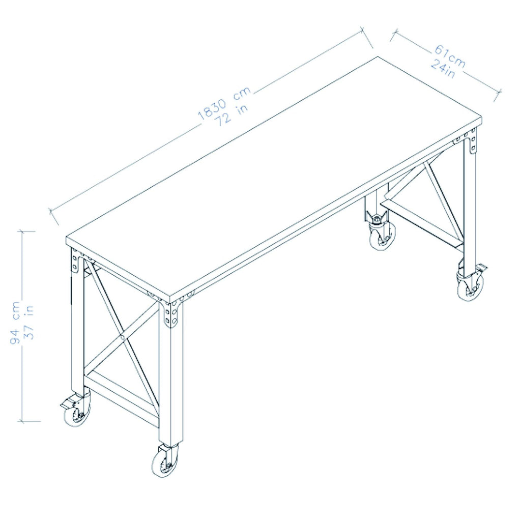 Rolling Industrial Desk with Wooden Top 52 Inches x 24 Inches M5905