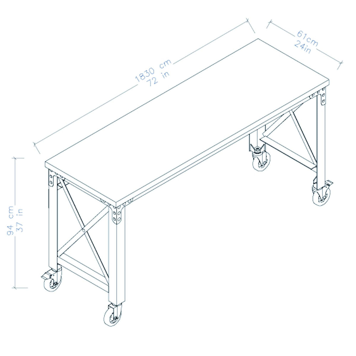 Rolling Industrial Desk with Wooden Top 52 Inches x 24 Inches M5905