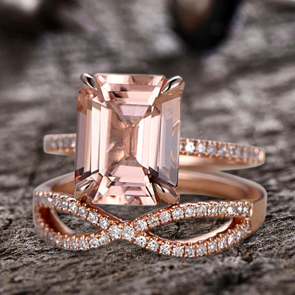 Emerald Cut Morganite Engagement Ring with Diamond Accents P8041