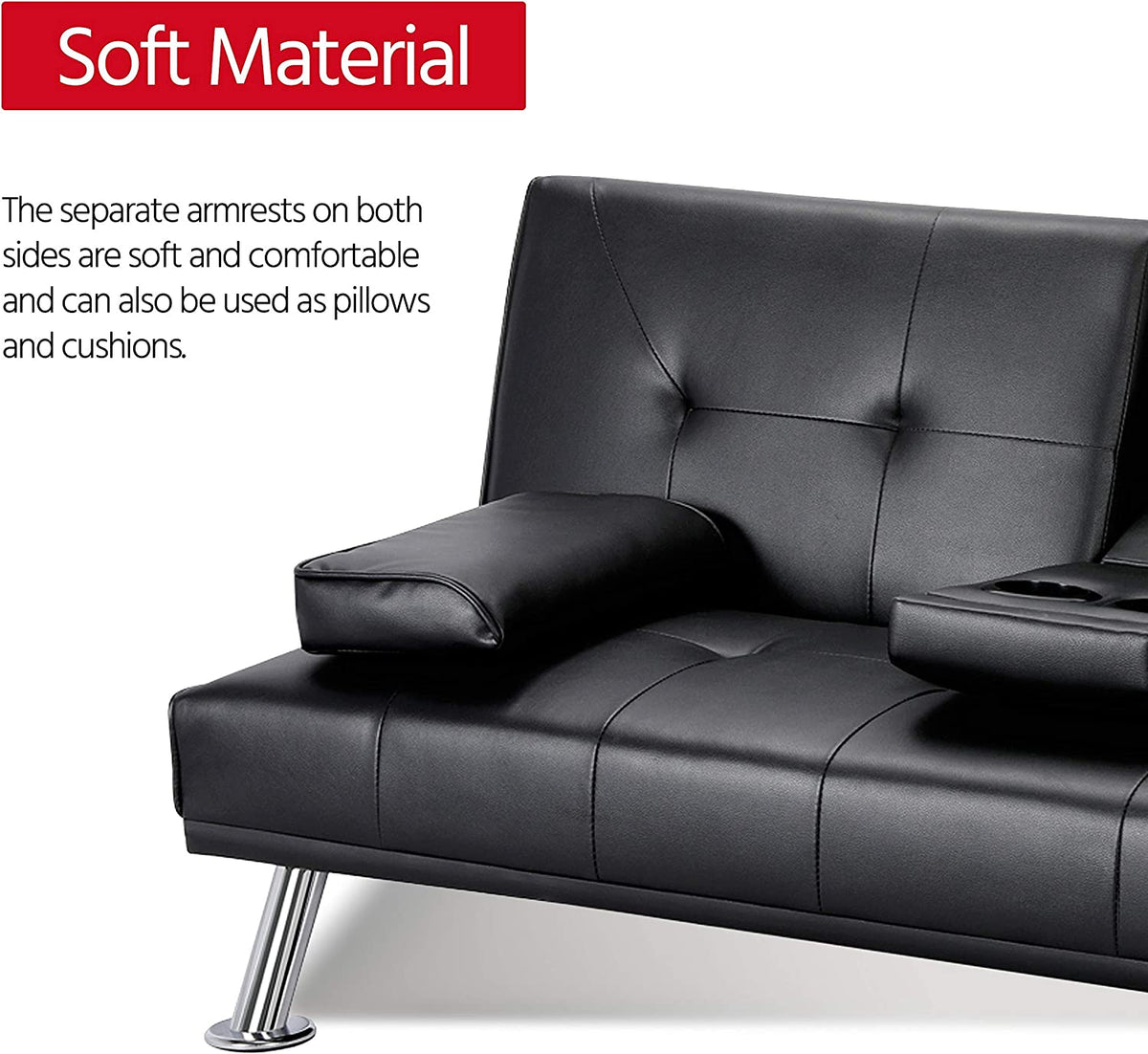 Black Faux Leather Convertible Futon Sofa Bed with Cup Holders T391