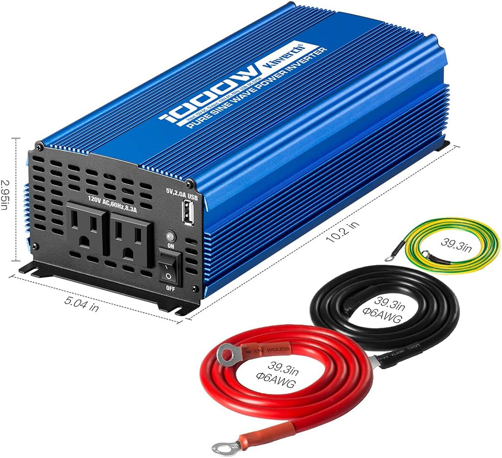 2000W Pure Sine Wave Power Inverter 12V DC to 110V AC with 3 AC Outlets & 1 USB Port Z7054