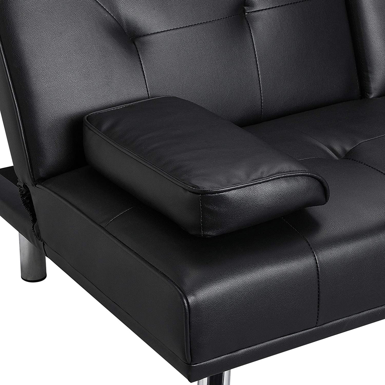 Black Faux Leather Convertible Futon Sofa Bed with Cup Holders T391