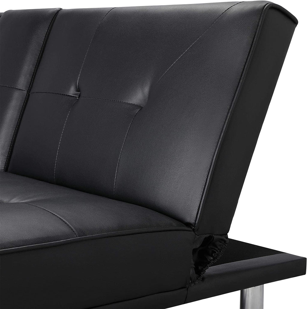 Black Faux Leather Convertible Futon Sofa Bed with Cup Holders T391