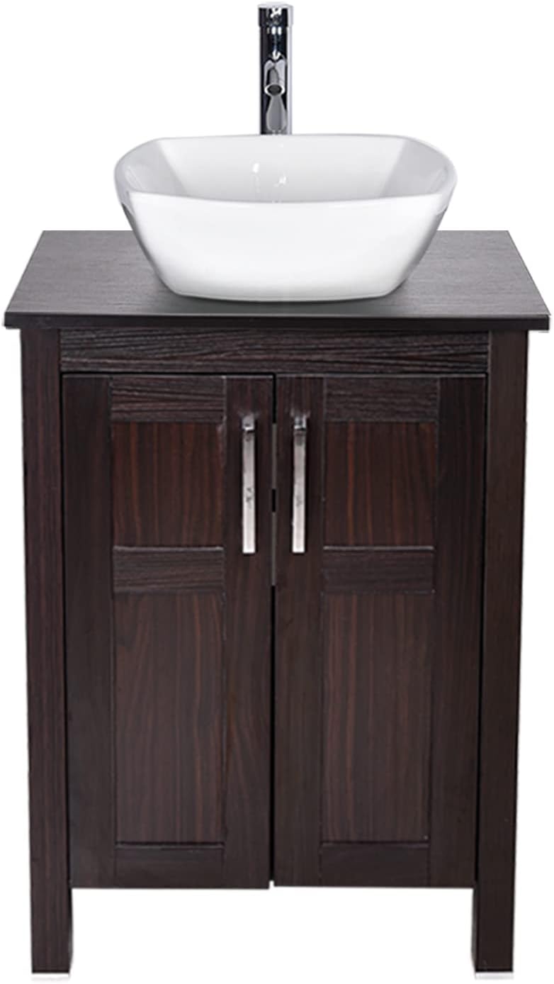 Dark Coffee 24 Inches Single Bathroom Vanity with 2-Door Cabinet and Tempered Glass Sink Top Y9583