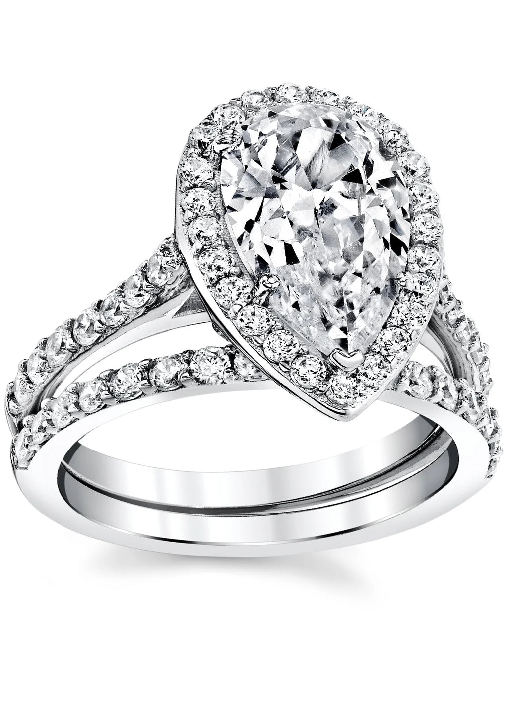 3CT Teardrop Pear Shape Solitaire AAA CZ Engagement Ring Bridal Set in 2 piece Sterling Silver 925 R32435