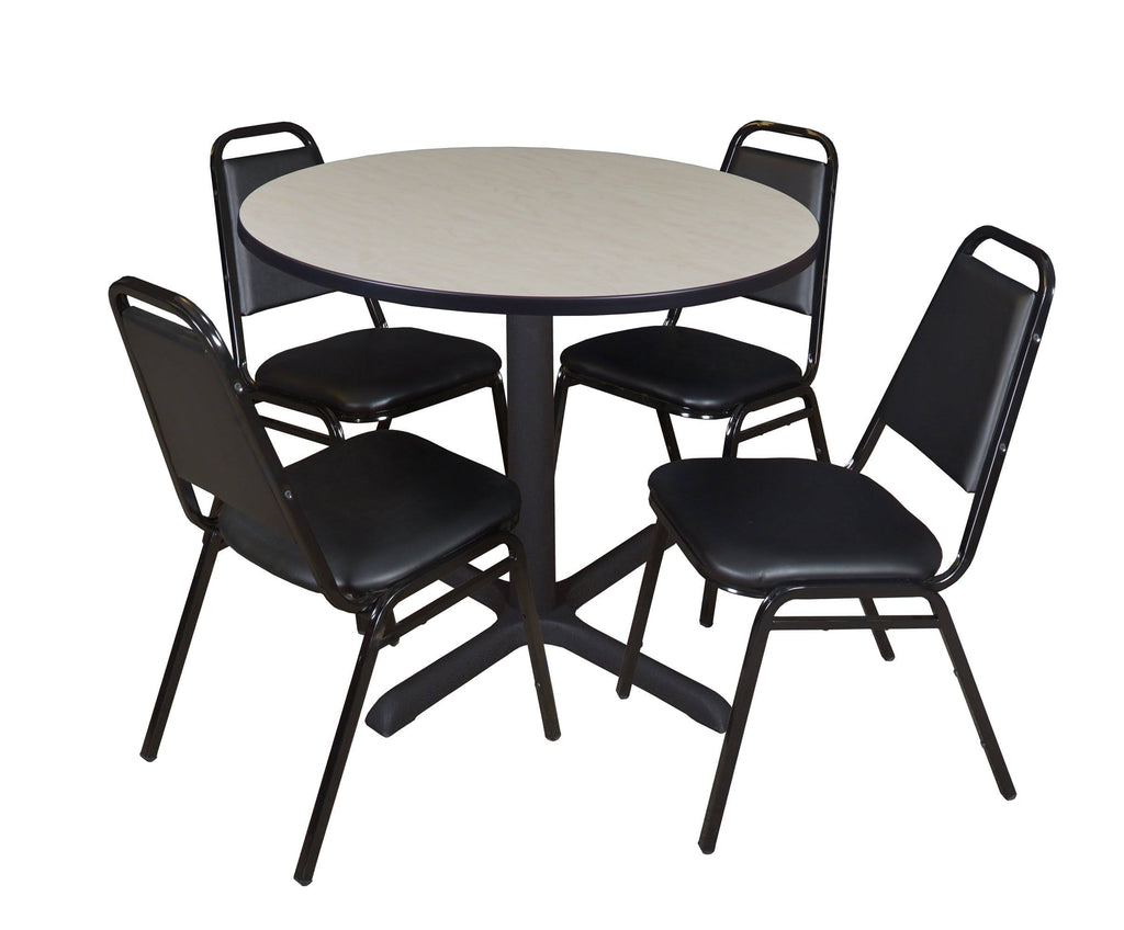 Maple Round Breakroom Table with 4 Black Stack Chairs Q543