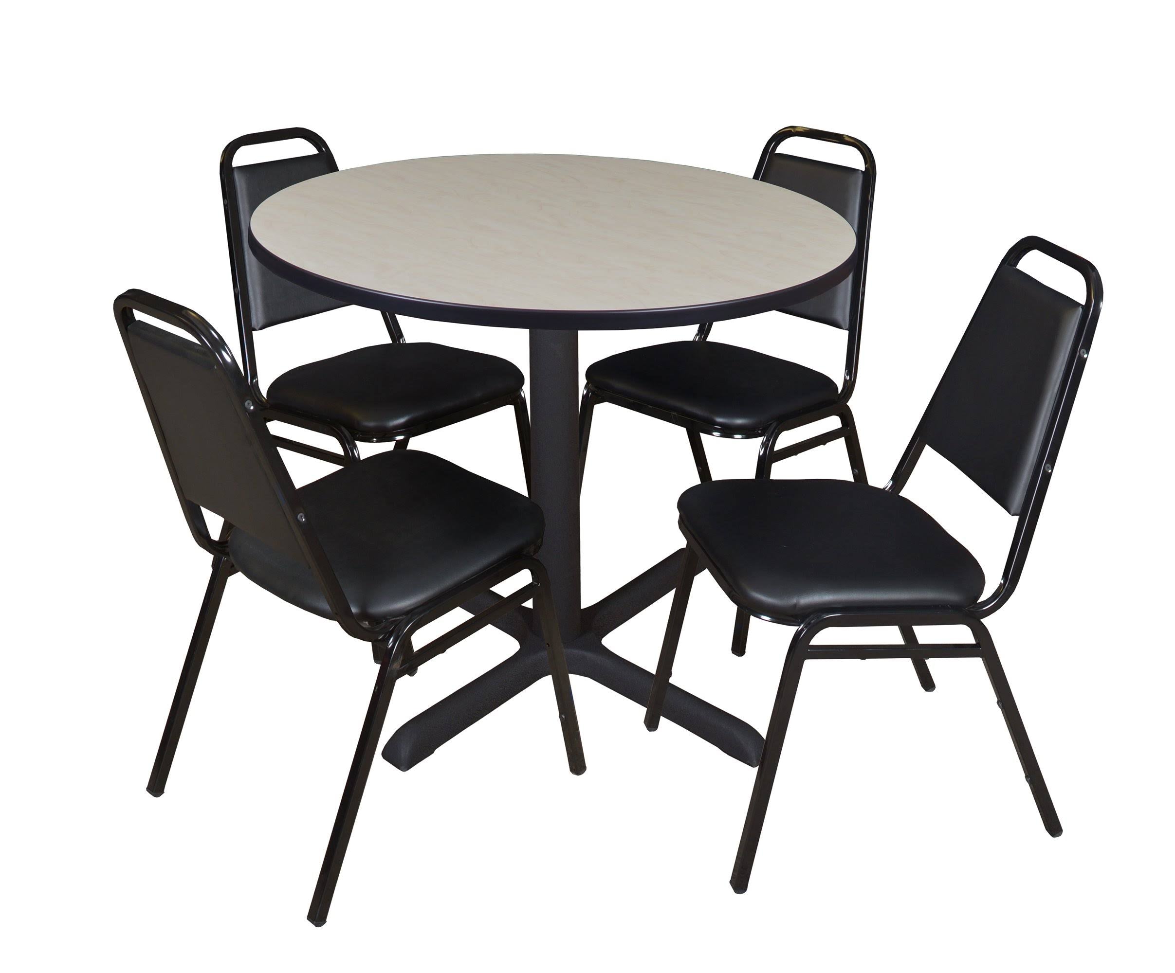 Maple Round Breakroom Table with 4 Black Stack Chairs Q543