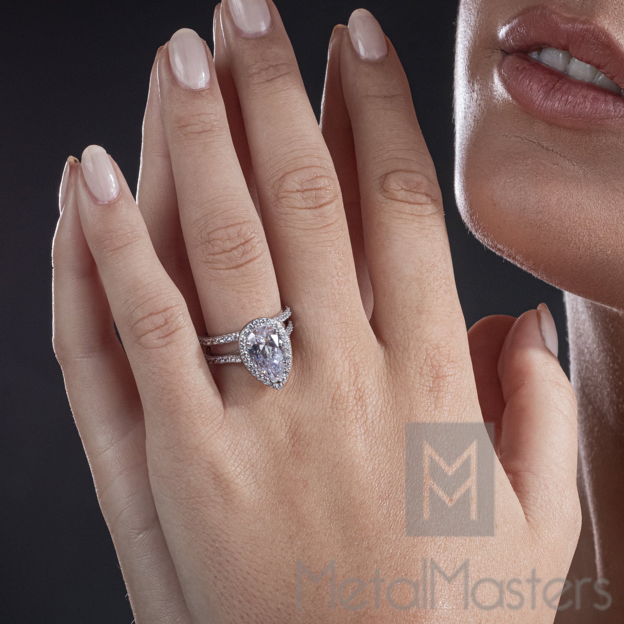 3CT Teardrop Pear Shape Solitaire AAA CZ Engagement Ring Bridal Set in 2 piece Sterling Silver 925 R32435