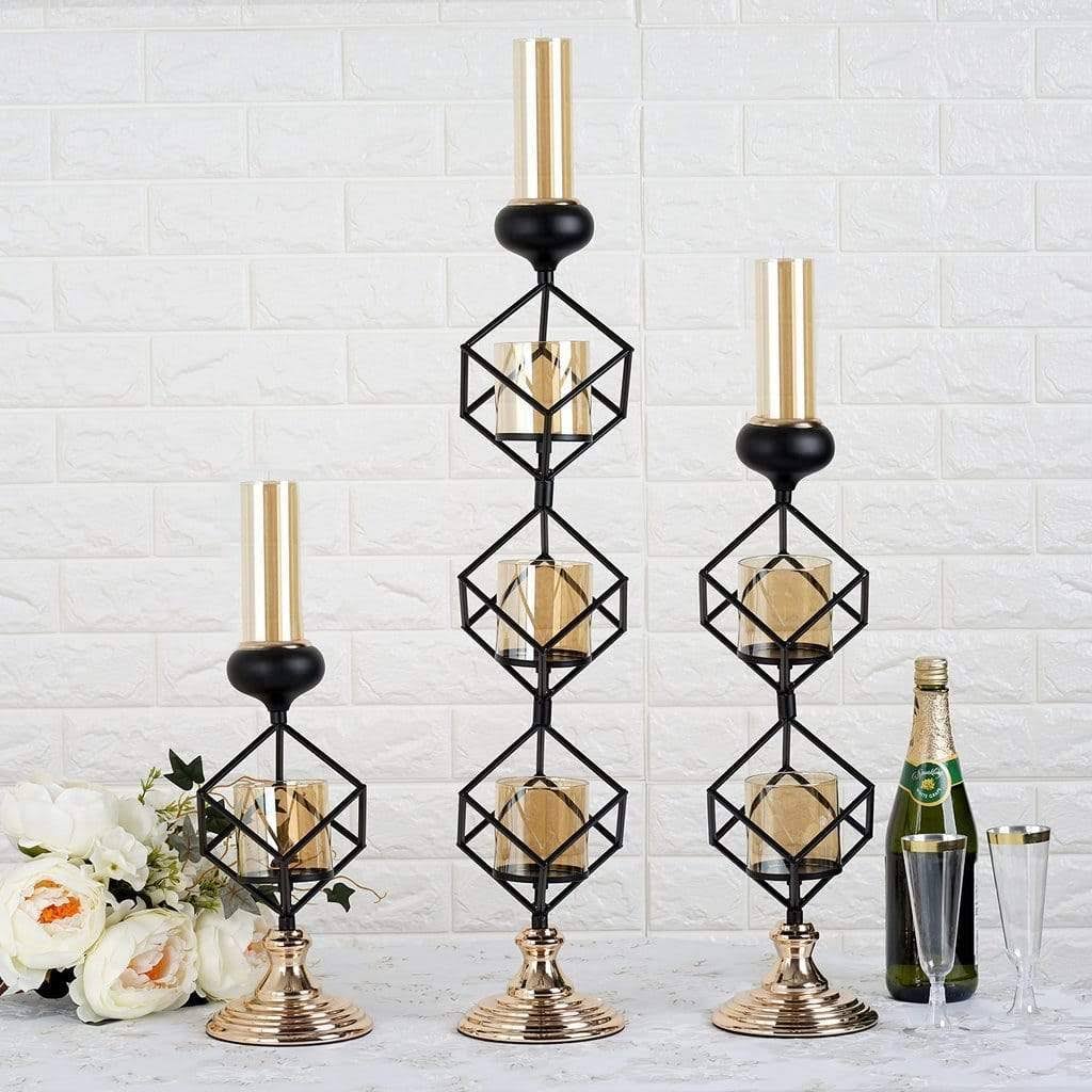 Gold Black Geometric Glass Votive Candle Holders C35291