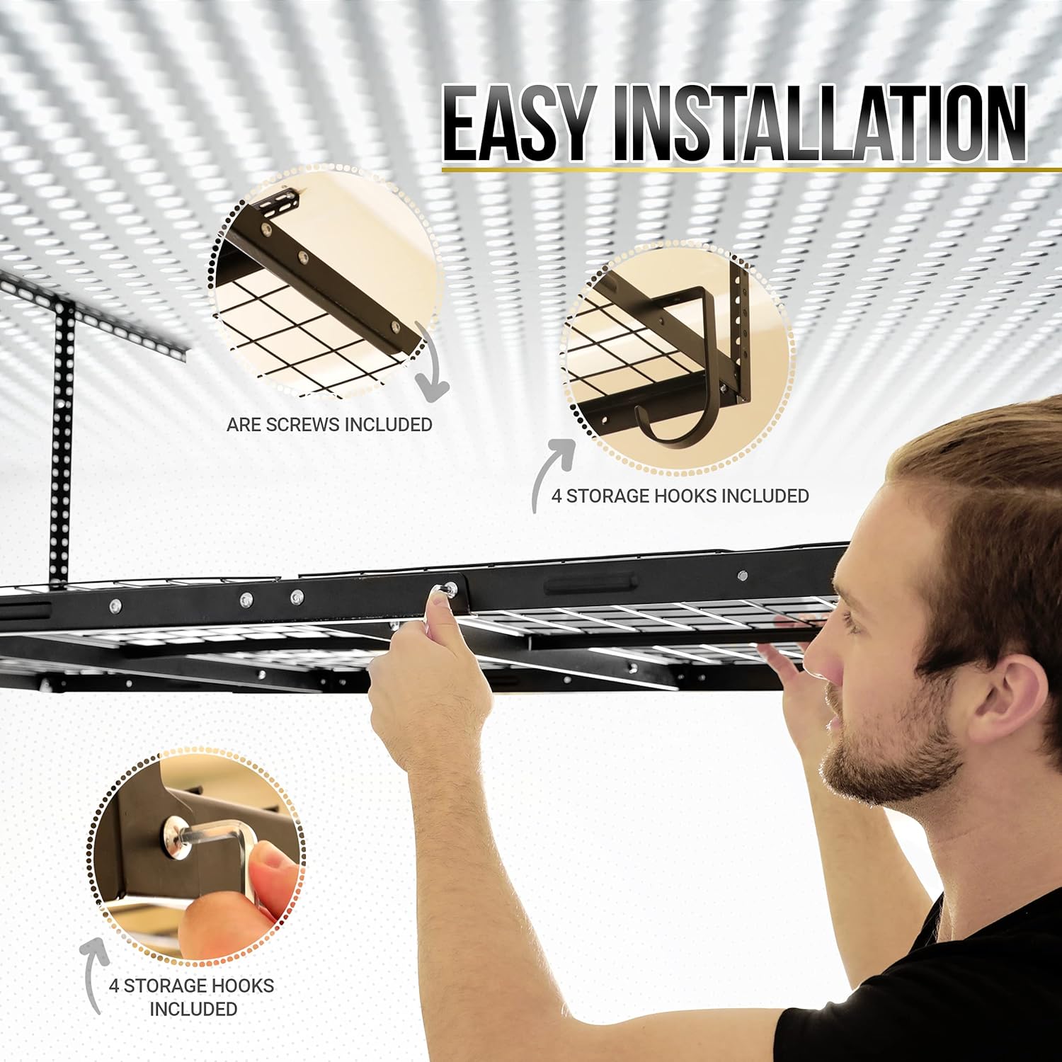 Overhead Garage Shelving Storage Rack, Adjustable 3’ x 6’, Heavy Duty Mounted Storage Shelves with 4 Flat Hooks H512798