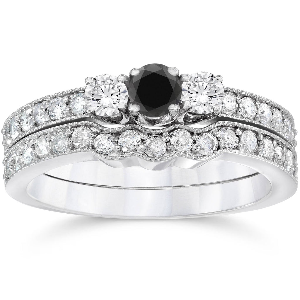 10K White Gold Three Stone Black Diamond Engagement Ring Set L454