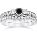 10K White Gold Three Stone Black Diamond Engagement Ring Set L454