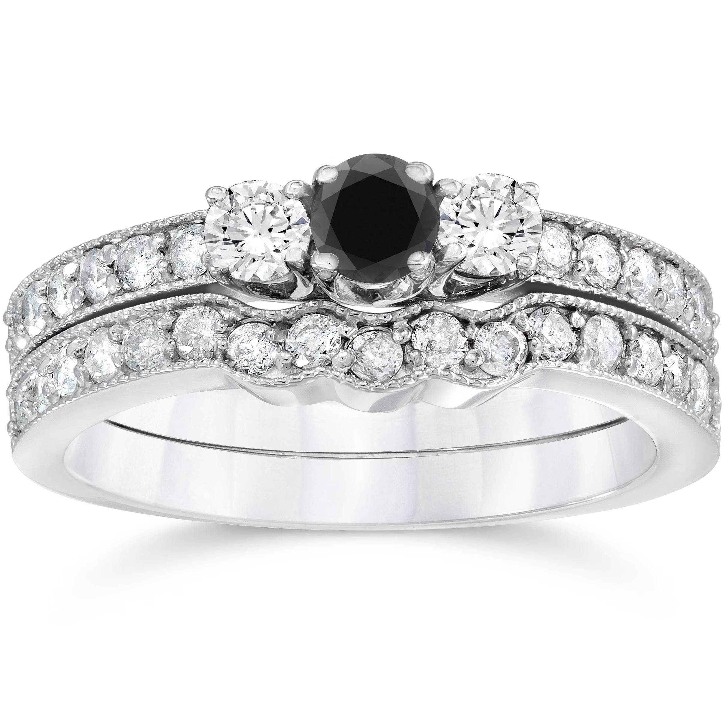 10K White Gold Three Stone Black Diamond Engagement Ring Set L454