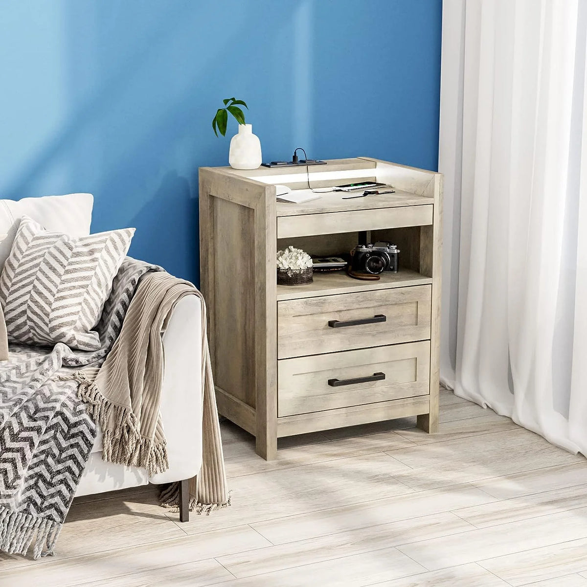 Grey Wood Nightstand with 2 Drawers and Pull-Out Shelf P41313