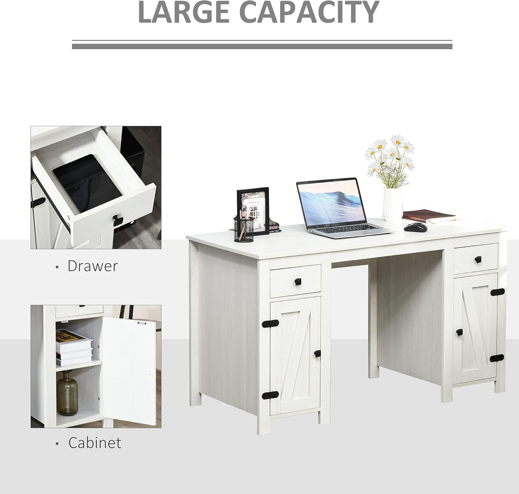 White Farm Style Computer Desk with 2 Drawers and 2 Cabinets O379364