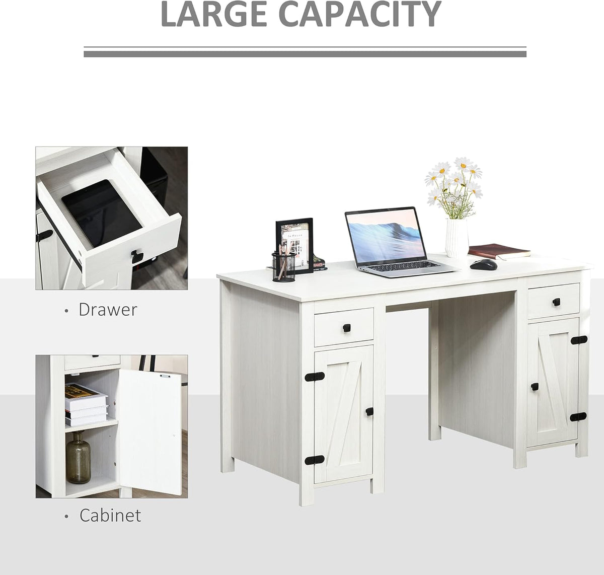 White Farm Style Computer Desk with 2 Drawers and 2 Cabinets O379364