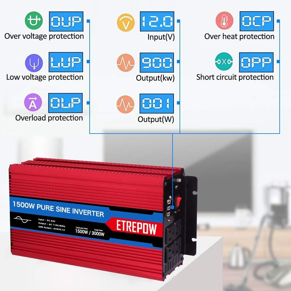 1500 Watt Pure Sine Wave Power Inverter 24V DC to 110V AC Wireless Remote Control X844