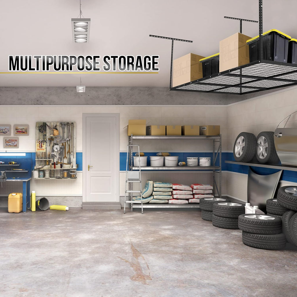 Overhead Garage Shelving Storage Rack, Adjustable 3’ x 6’, Heavy Duty Mounted Storage Shelves with 4 Flat Hooks H512798