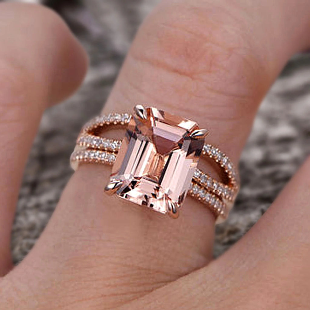 Emerald Cut Morganite Engagement Ring with Diamond Accents P8041