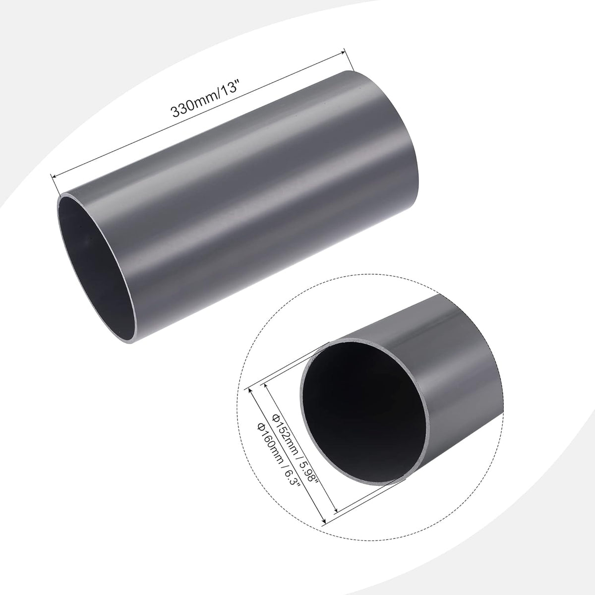 PVC Rigid Round Pipe 6 ID 13 Length Light Grey W69288