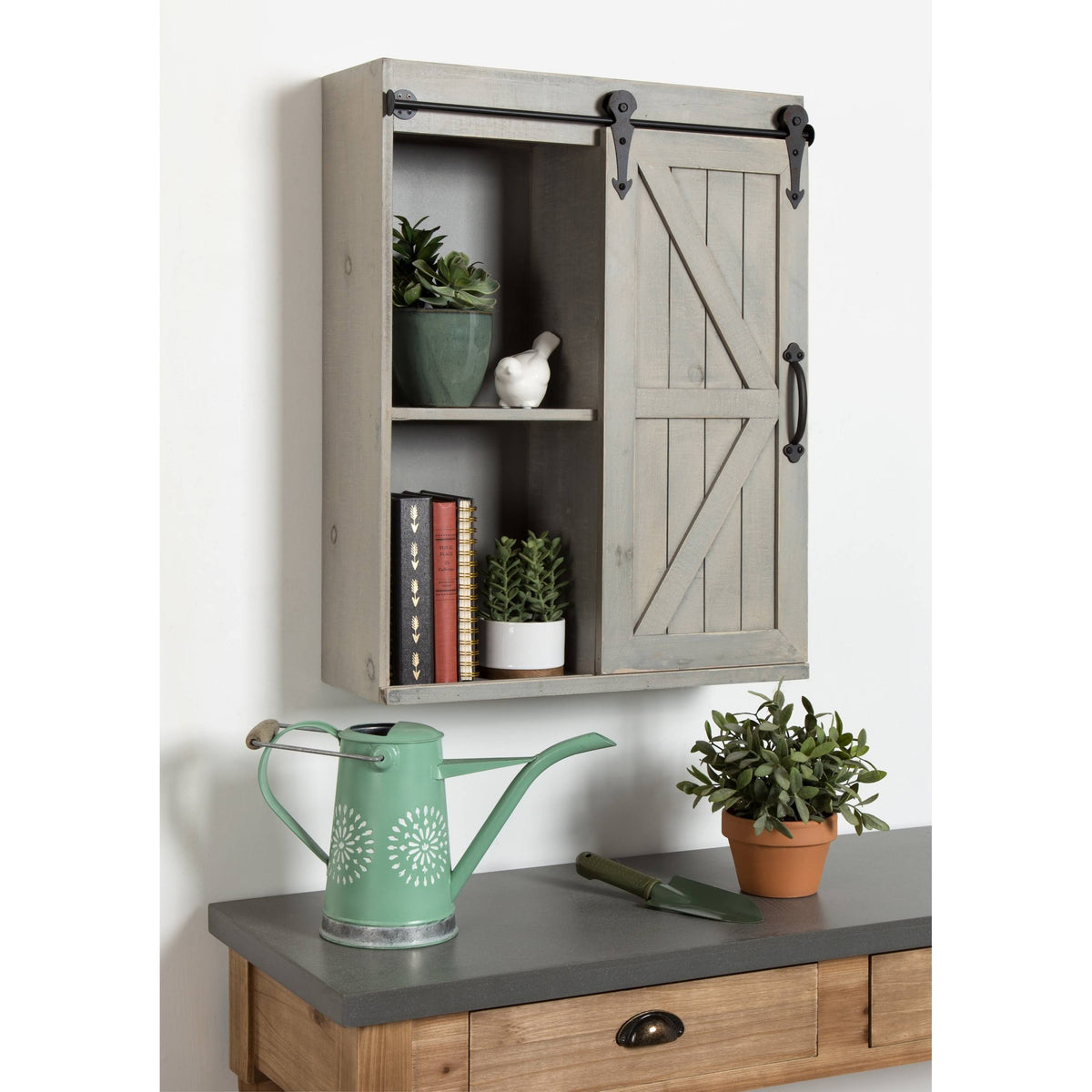 Rustic Brown Black Wood Wall Storage Cabinet with Sliding Barn Door O4626