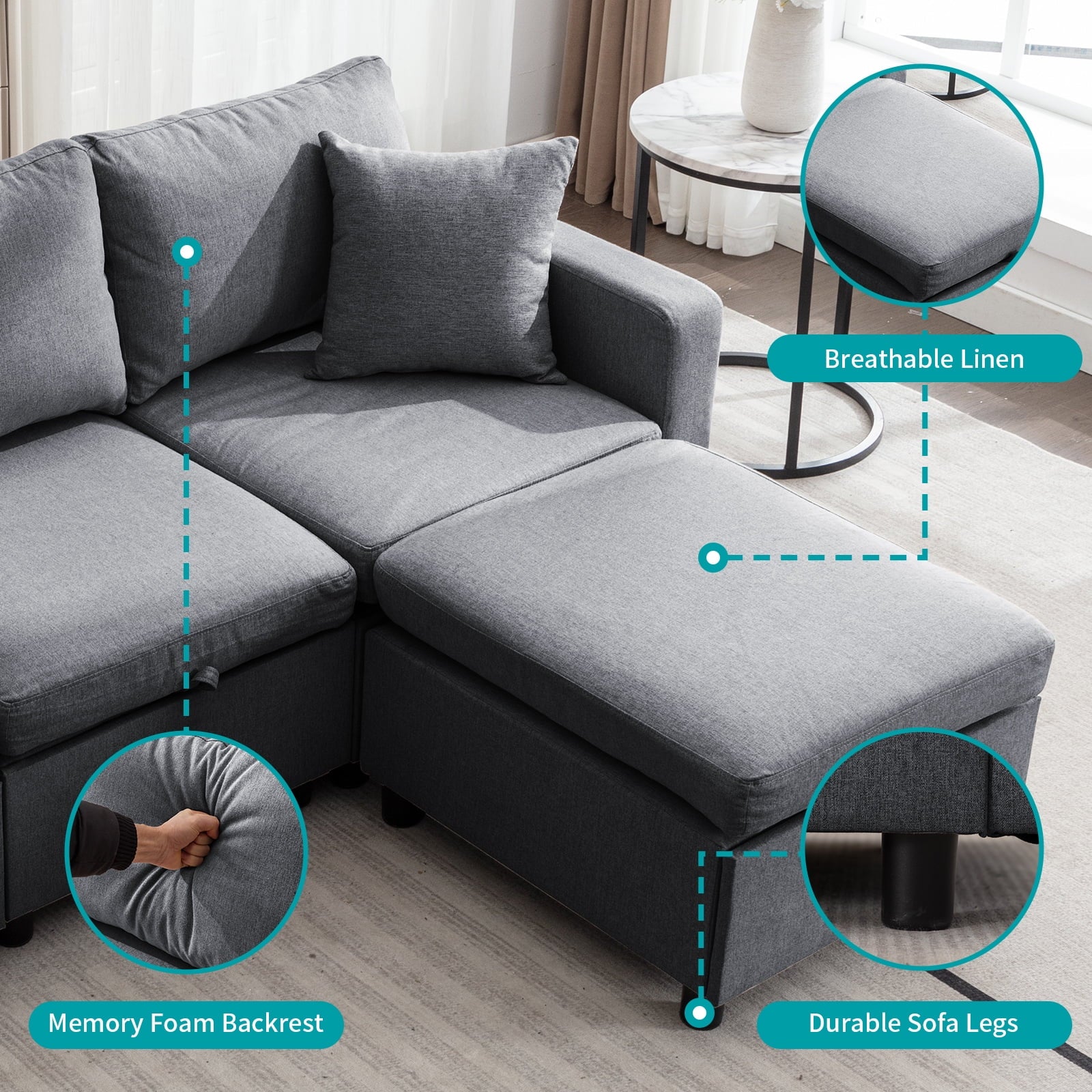 3-Seater Sofa, Loveseat and 1 Ottoman Dark Grey J959785