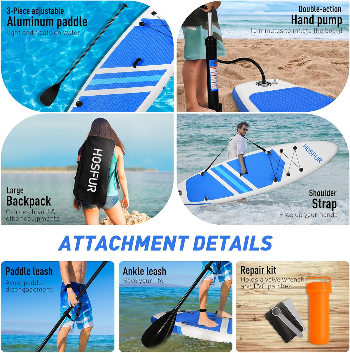 Blue Inflatable Stand Up Paddle Board with Backpack T186