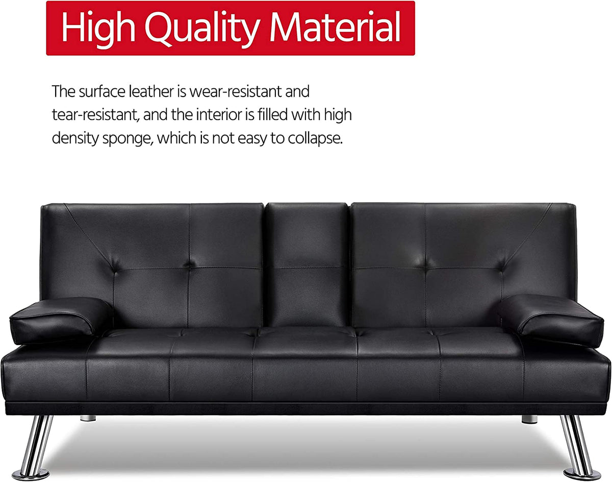 Black Faux Leather Convertible Futon Sofa Bed with Cup Holders T391