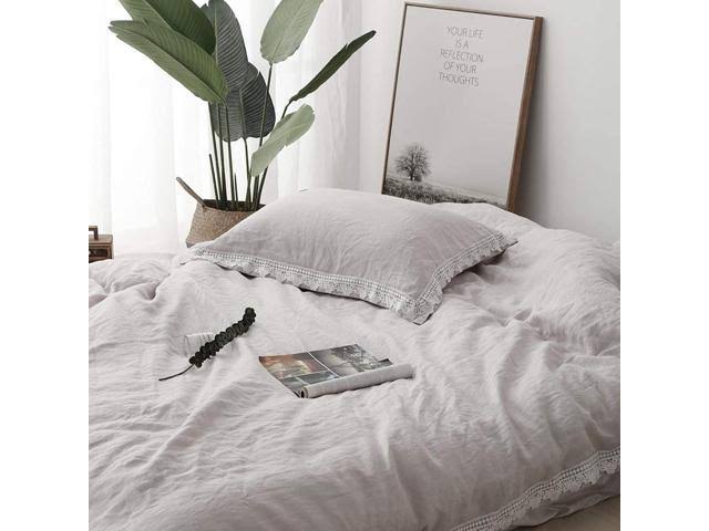King 3pcs Pure Linen Duvet Cover Set Stone Washed Lace Border Z803419
