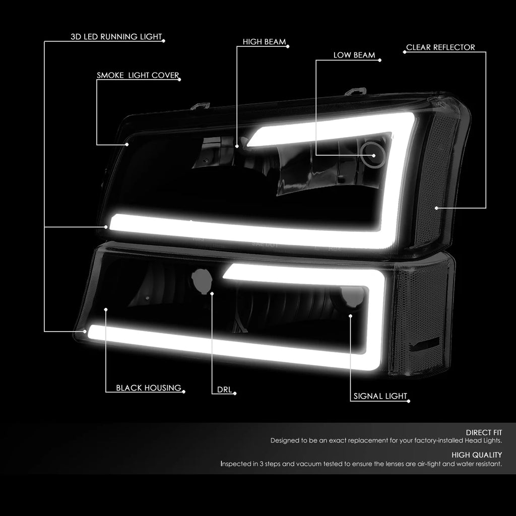 Pair 3D LED DRL Bar Headlight Dark Smoked W59093