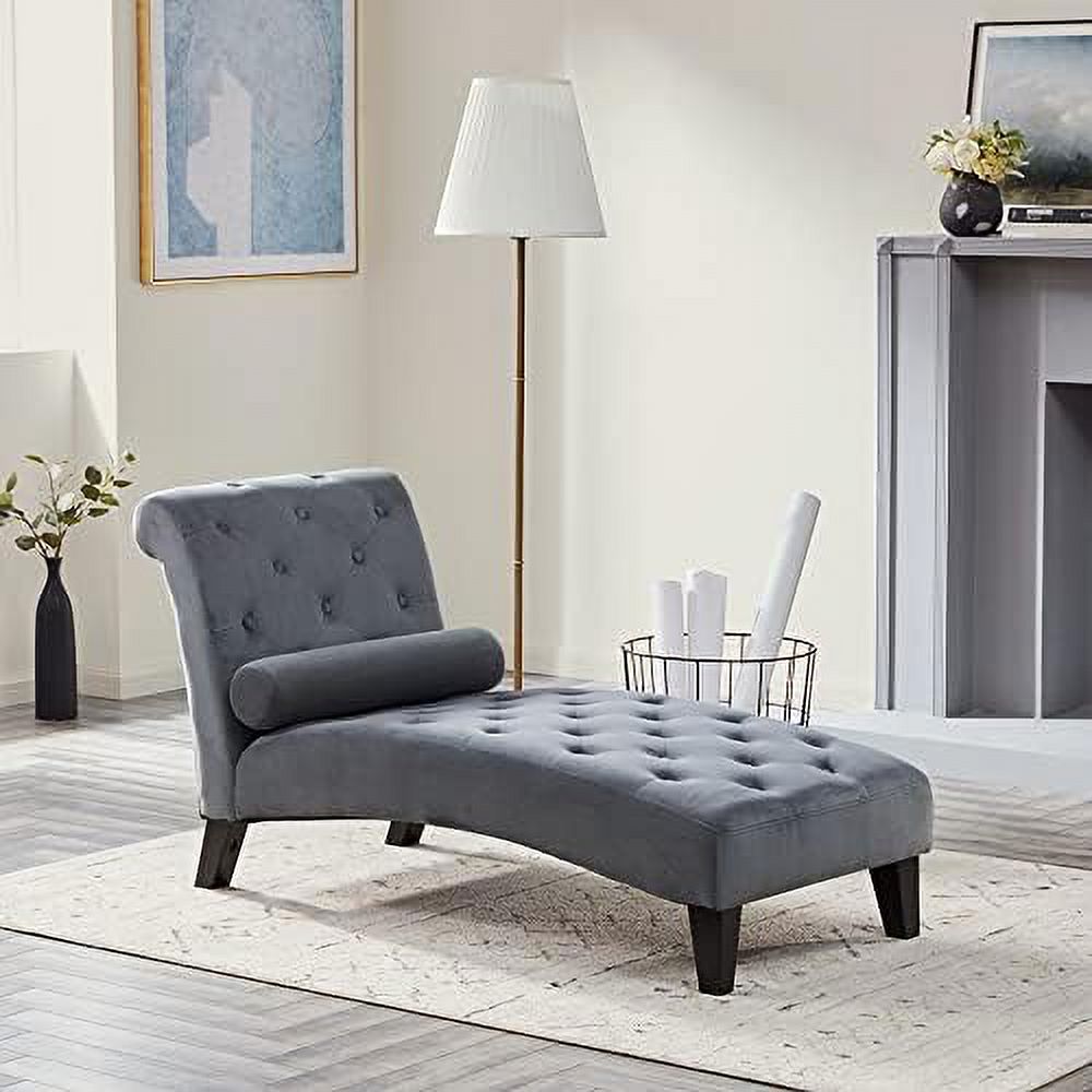 Beige Upholstered Chaise Lounge Sofa with Button Tufted Back and Hardwood Legs O170048