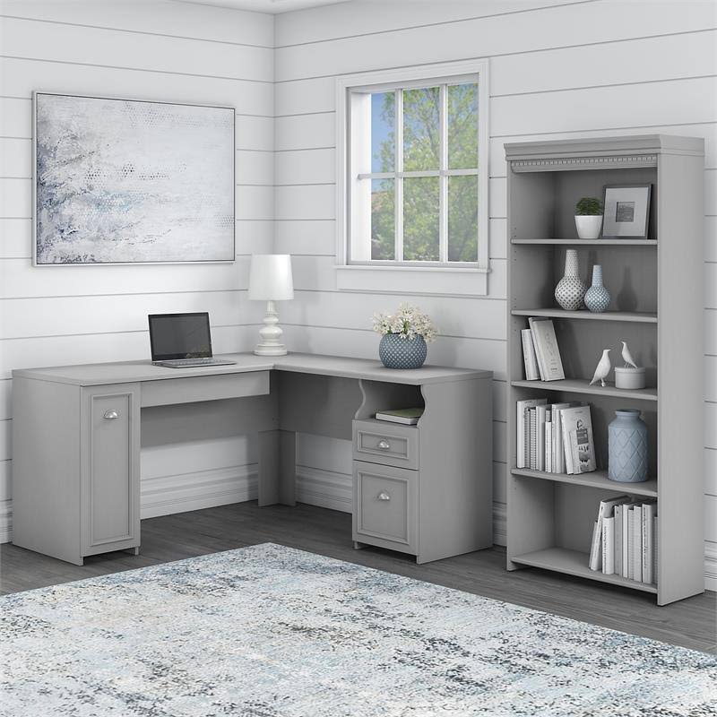 Gray L Shaped Desk with 5 Shelf Bookcase C579988