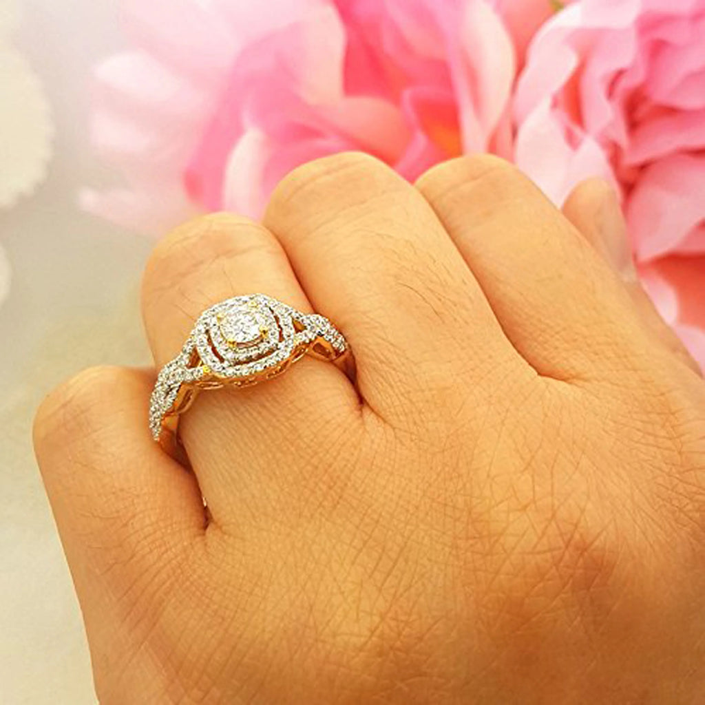 14K Yellow Gold Diamond Halo Engagement Ring Set I852