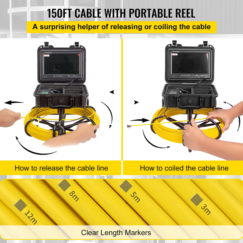 Sewer Camera 150ft/45.6m with 9 in Color LCD Monitor, IP68 Waterproof Pipe Camera J56086