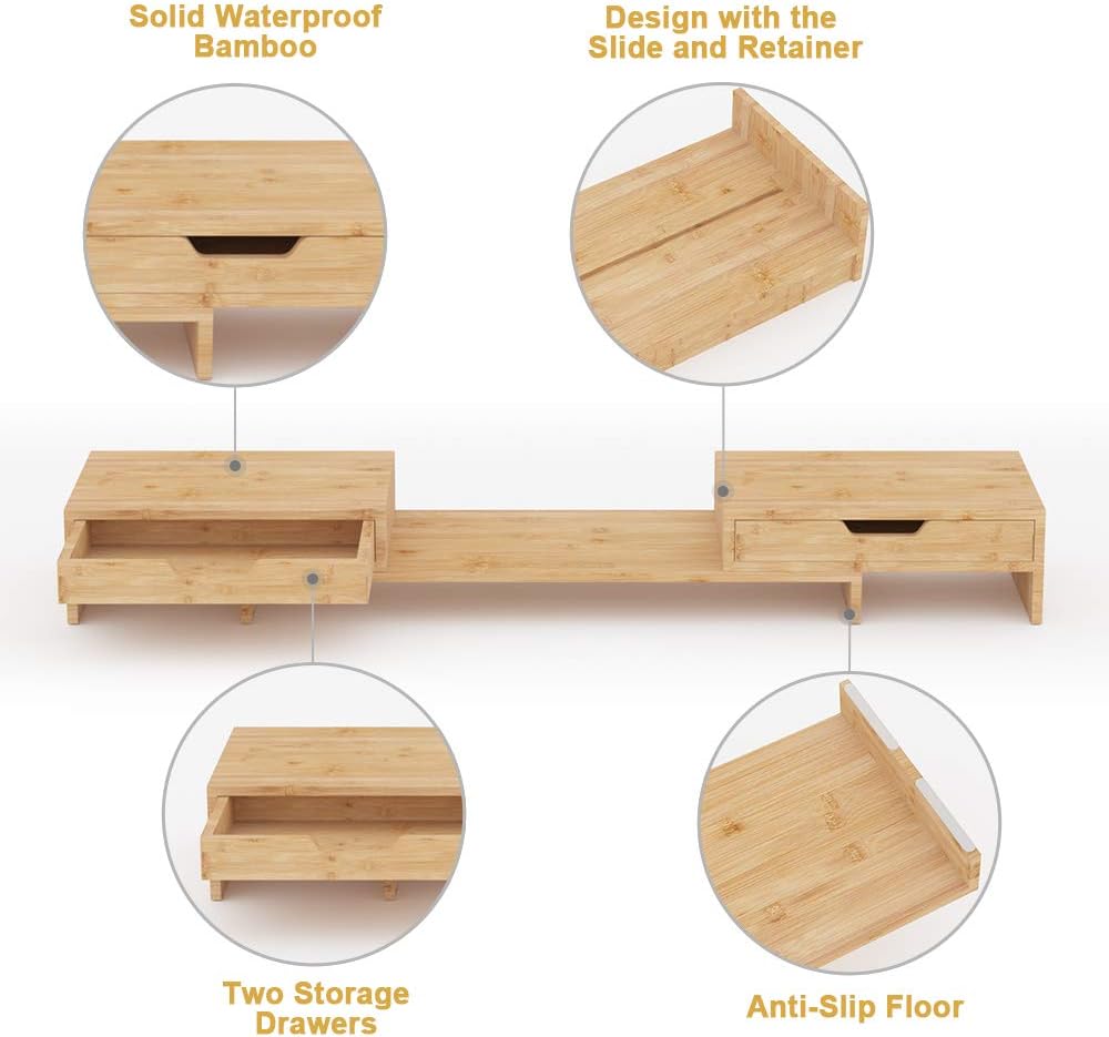 Dual Monitor Stand Riser with 2 Extra Drawers, Bamboo, Pack of 2 I859052