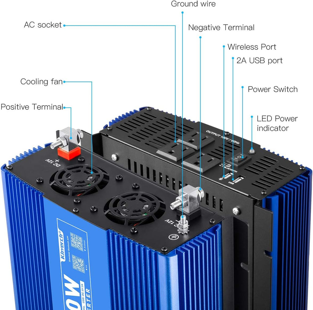 2000W Pure Sine Wave Power Inverter 12V DC to 110V AC with 3 AC Outlets & 1 USB Port Z7054