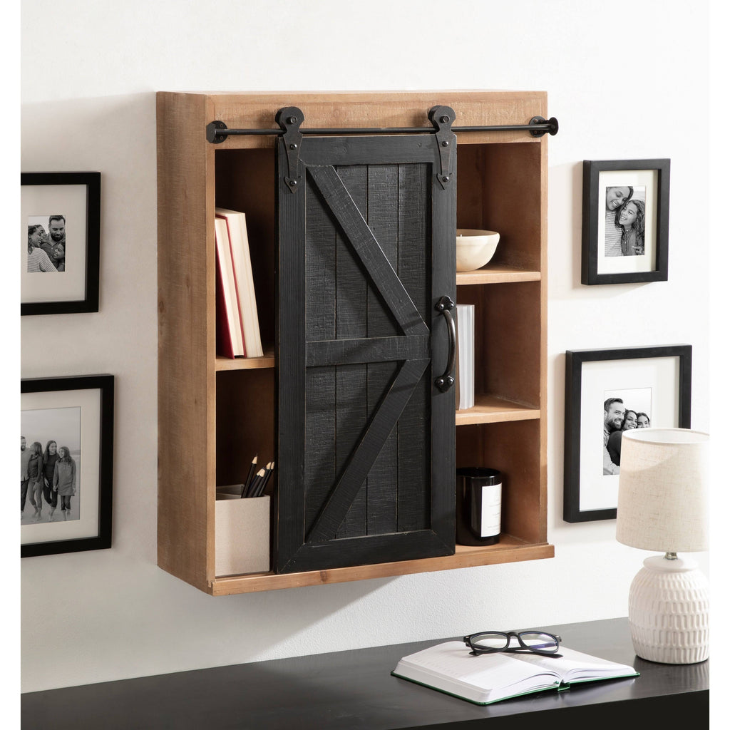Rustic Brown Black Wood Wall Storage Cabinet with Sliding Barn Door O4626