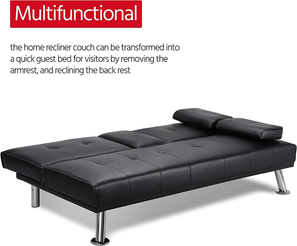 Black Faux Leather Convertible Futon Sofa Bed with Cup Holders T391
