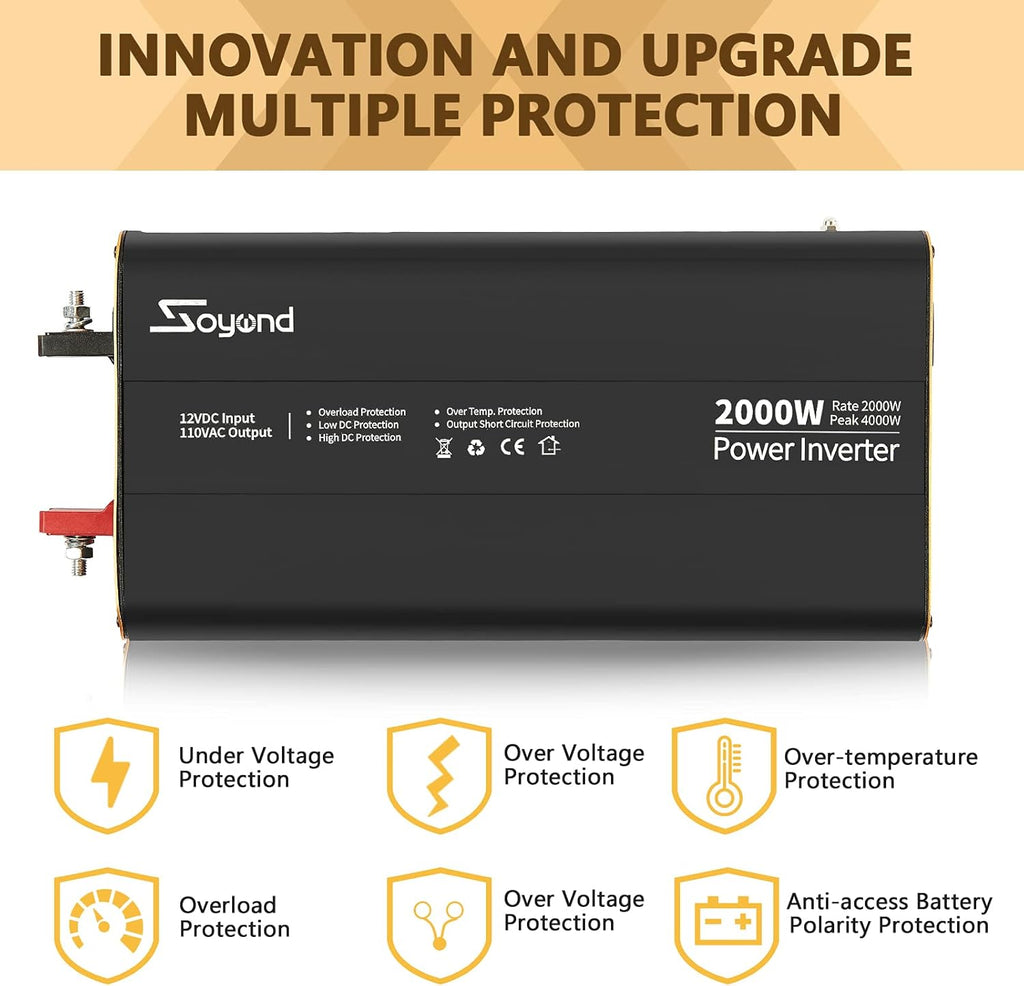 2000 Watt 12V DC to 120V AC Modified Sine Wave Car Inverter with 3 AC Outlets X200219