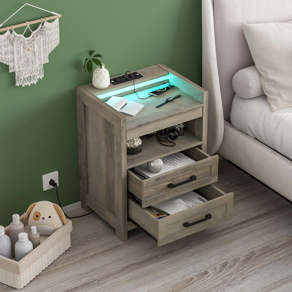 Grey Wood Nightstand with 2 Drawers and Pull-Out Shelf P41313