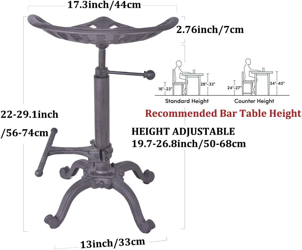 Industrial Bar Stool with Cast Iron Tractor Seat, Adjustable Counter Height Swivel Metal Stool Q897