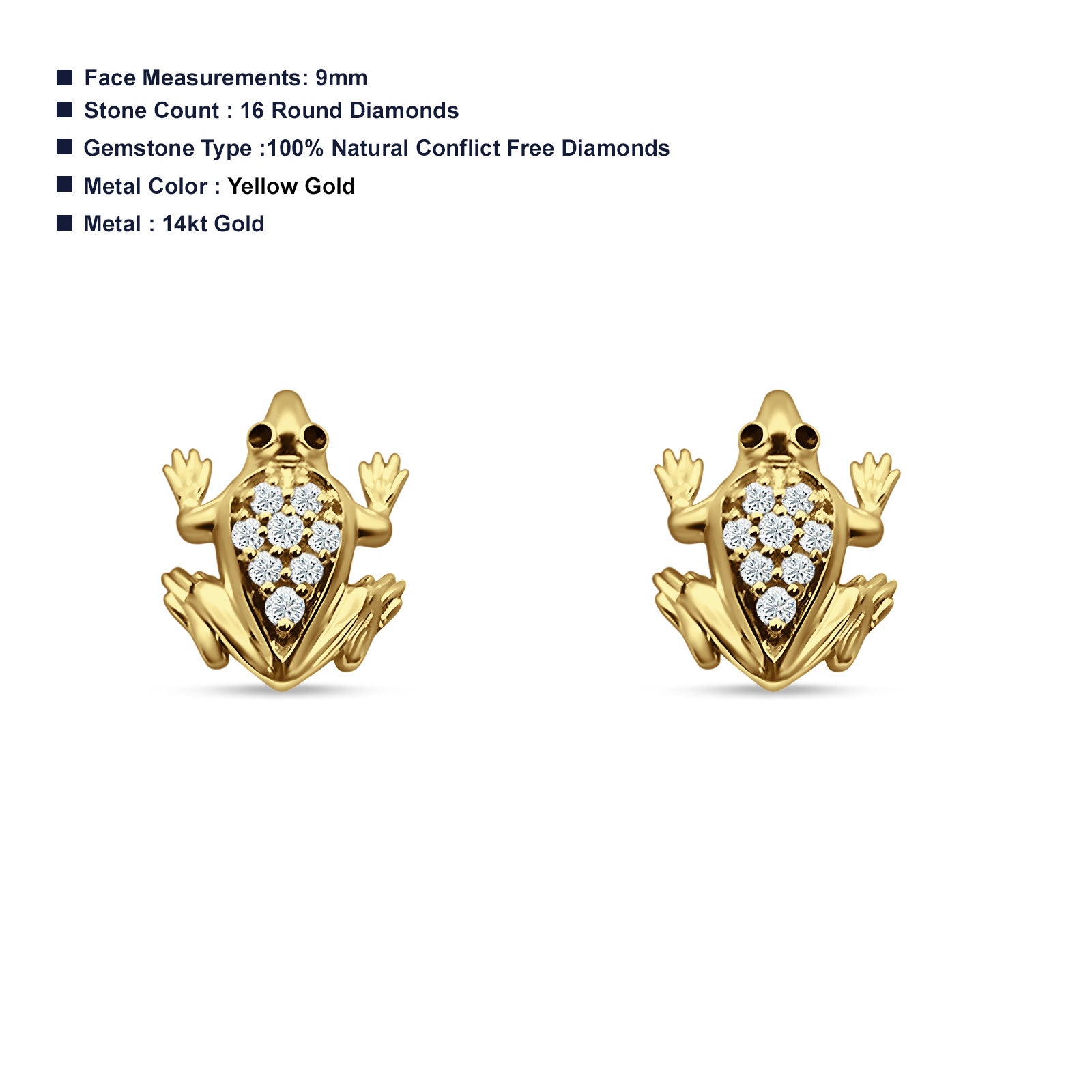 14K Yellow Gold Frog Stud Earrings U855183