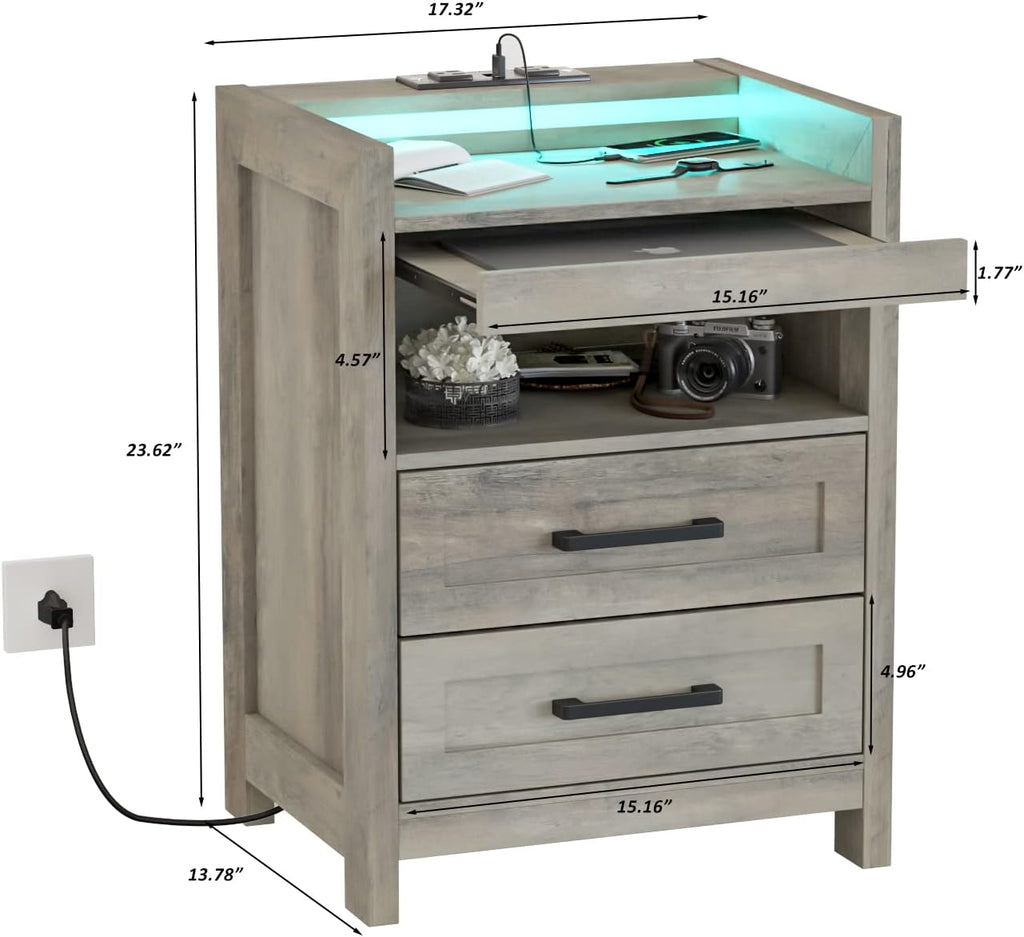 Grey Wood Nightstand with 2 Drawers and Pull-Out Shelf P41313