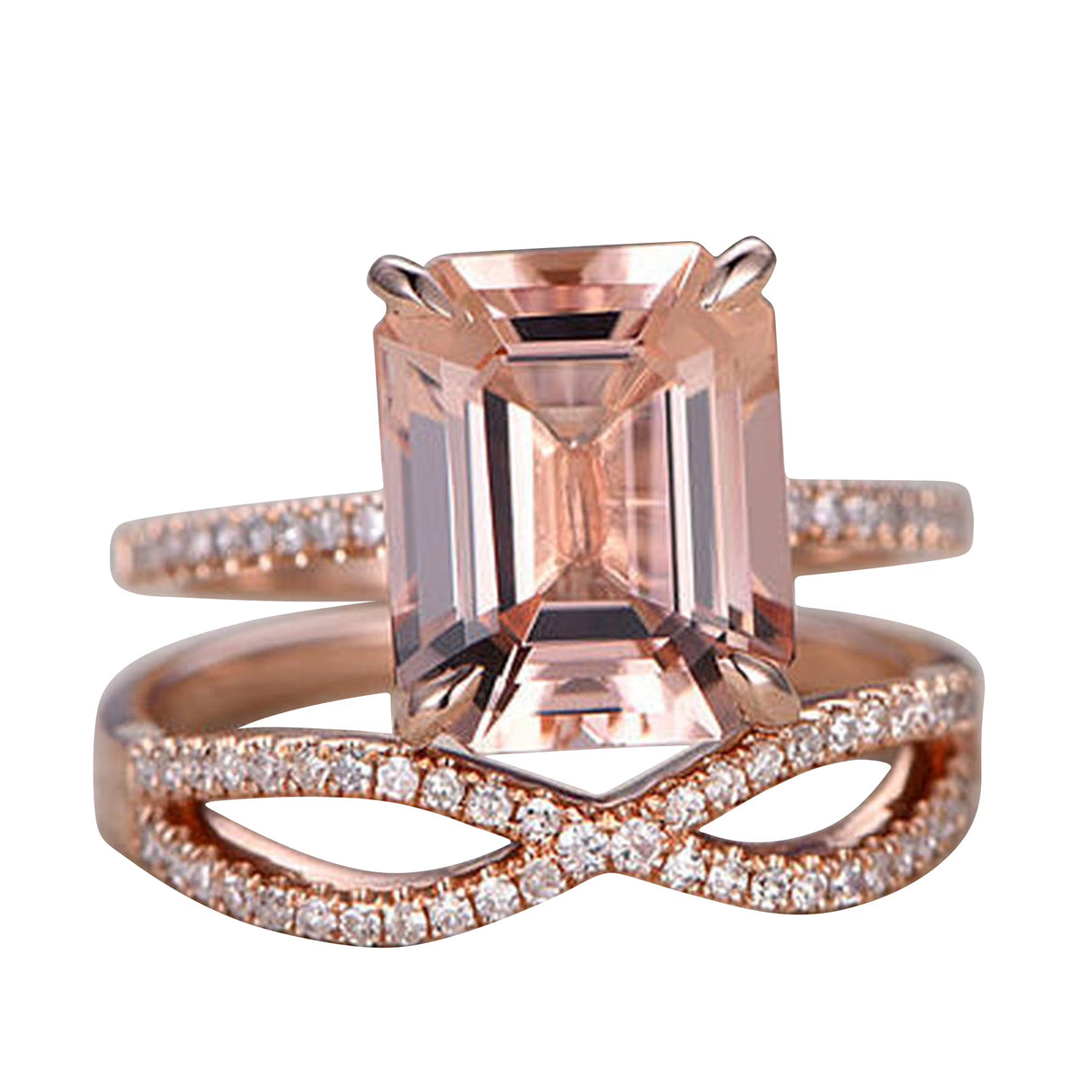 Emerald Cut Morganite Engagement Ring with Diamond Accents P8041