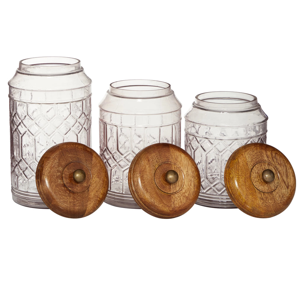 3-Pieces Clear Glass Decorative Jars with Wood Lids F4806