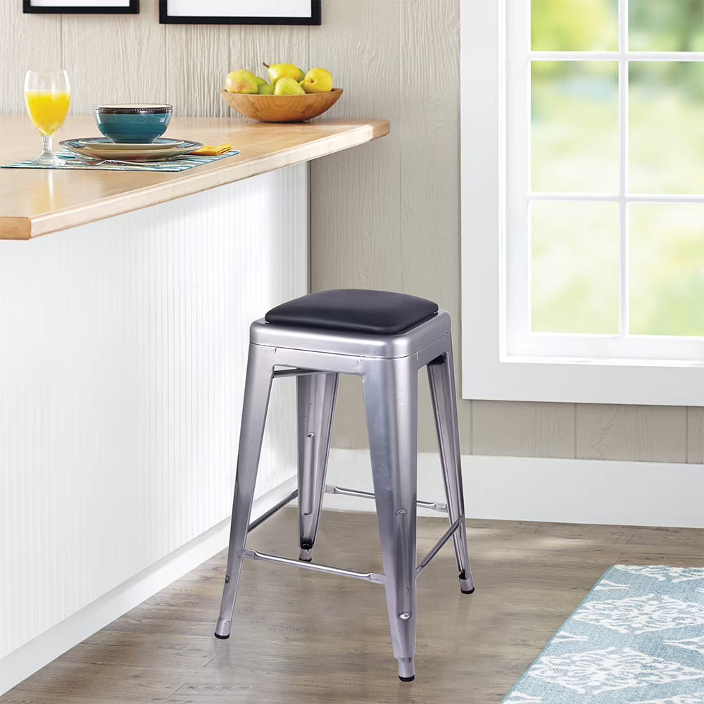 24 Inch Counter Height Backless Metal Stool with Vegan Leather Seat E6740