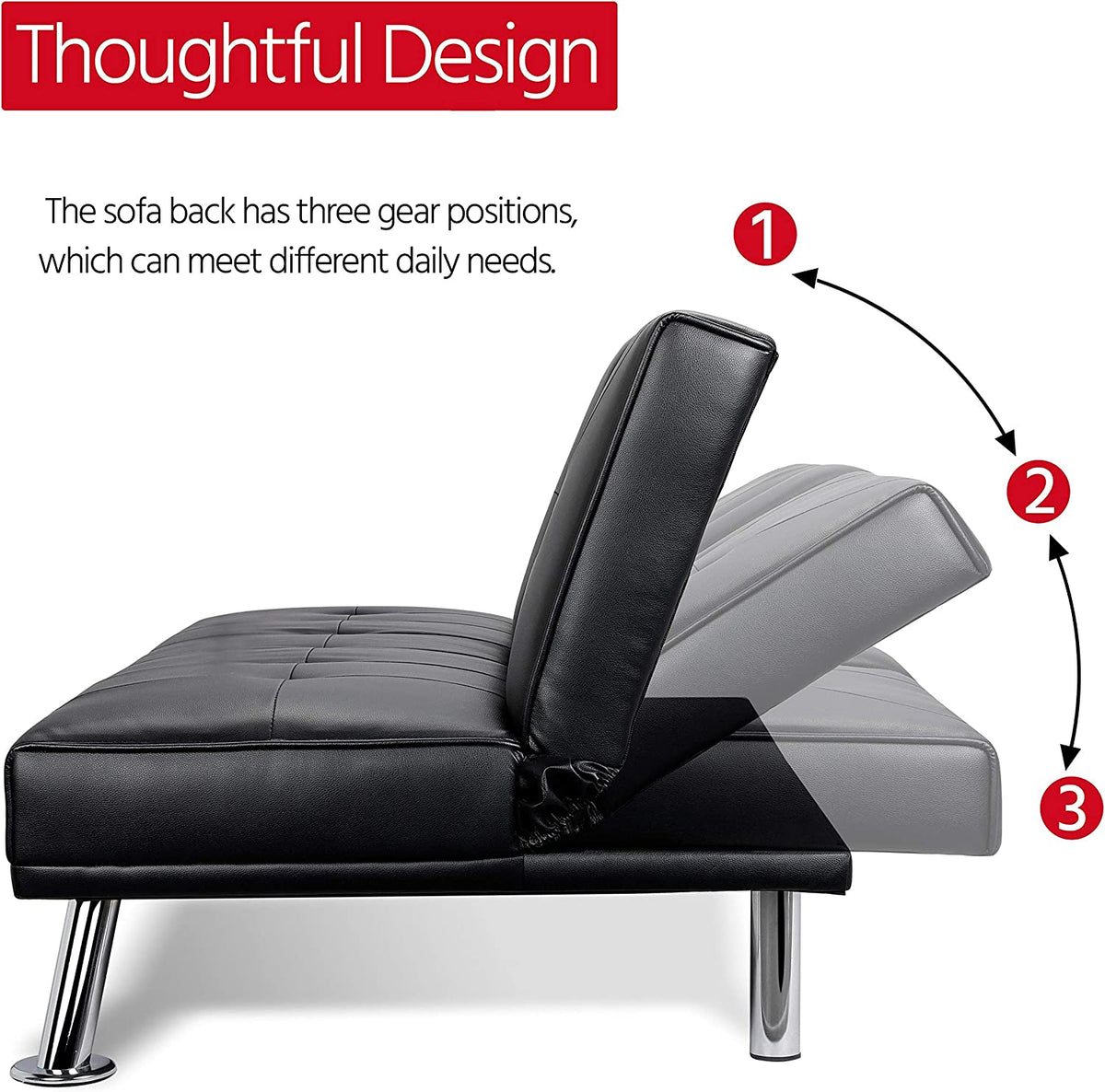 Black Faux Leather Convertible Futon Sofa Bed with Cup Holders T391