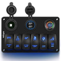 6 Gang Rocker Switch Panel Aluminum Panel LED Light Bar Switch Panel with Cigarette Lighter and Dual USB A88084