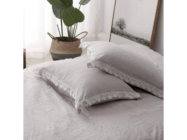 King 3pcs Pure Linen Duvet Cover Set Stone Washed Lace Border Z803419
