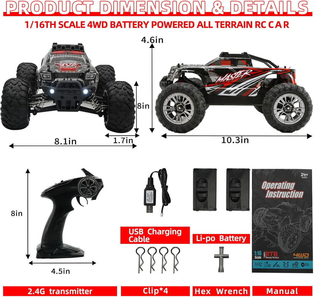1:16 Scale 4WD High Speed RC Truck 30+ KMH Electric Toy Car (Red) R66091